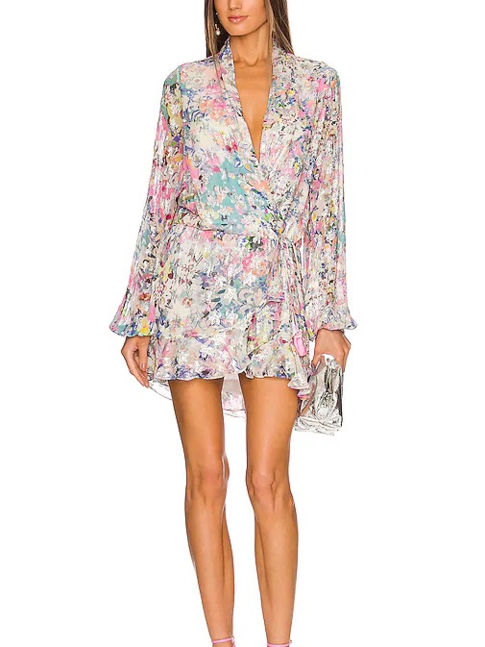 Rococo Sand Pastel Floral Wrap Mini Dress